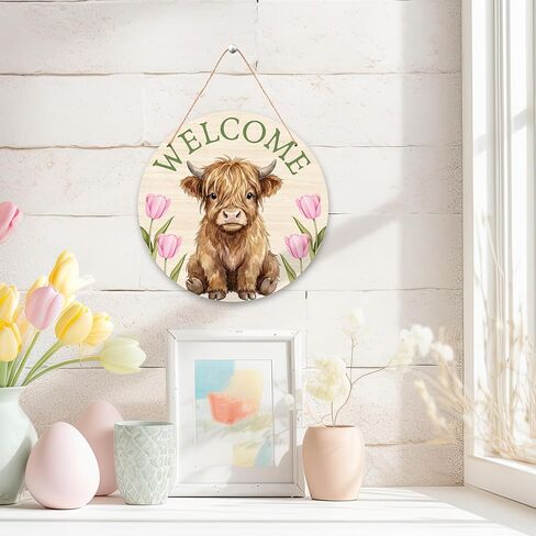 Highland Cow Welcome Sign for Front Door, 12" Rustic Highland Cow Wreath, Floral Wooden Hanging Sign for Door Wall Porch, Spring Gifts for Housewarming - A01 in Kuwait