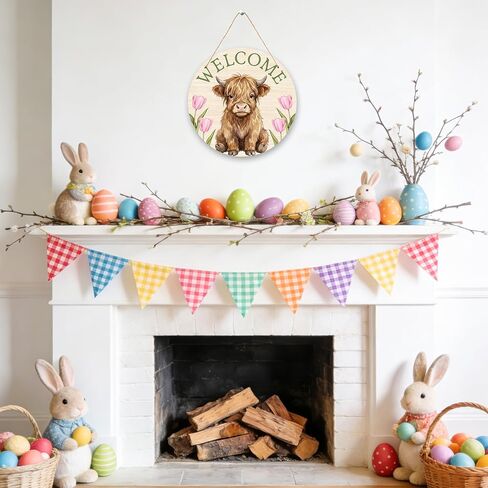 Highland Cow Welcome Sign for Front Door, 12" Rustic Highland Cow Wreath, Floral Wooden Hanging Sign for Door Wall Porch, Spring Gifts for Housewarming - A01 in Kuwait