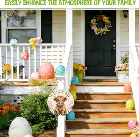 Highland Cow Welcome Sign for Front Door, 12" Rustic Highland Cow Wreath, Floral Wooden Hanging Sign for Door Wall Porch, Spring Gifts for Housewarming - A01 in Kuwait