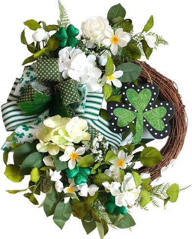 22 Inch St Patrick's Day Wreath for Front Door - Artificial Shamrock Wreath with Wooden Clovers, Green Foliage & Bow, Irish St Patricks Day for Indoor Outdoor Decorations Wall Home Decor in Kuwait