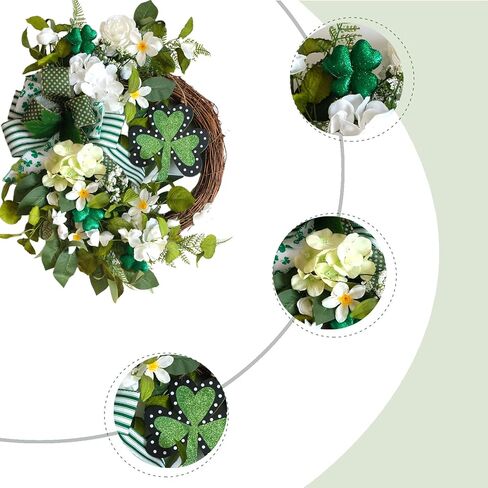 22 Inch St Patrick's Day Wreath for Front Door - Artificial Shamrock Wreath with Wooden Clovers, Green Foliage & Bow, Irish St Patricks Day for Indoor Outdoor Decorations Wall Home Decor in Kuwait