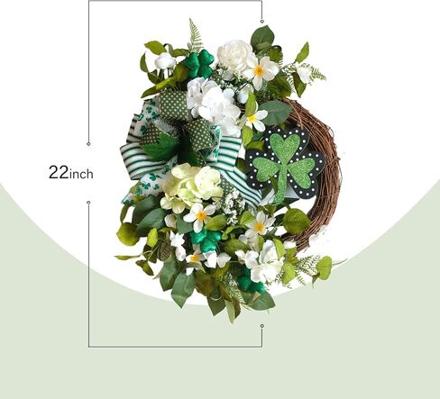 22 Inch St Patrick's Day Wreath for Front Door - Artificial Shamrock Wreath with Wooden Clovers, Green Foliage & Bow, Irish St Patricks Day for Indoor Outdoor Decorations Wall Home Decor in Kuwait