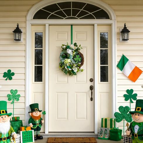 22 Inch St Patrick's Day Wreath for Front Door - Artificial Shamrock Wreath with Wooden Clovers, Green Foliage & Bow, Irish St Patricks Day for Indoor Outdoor Decorations Wall Home Decor in Kuwait
