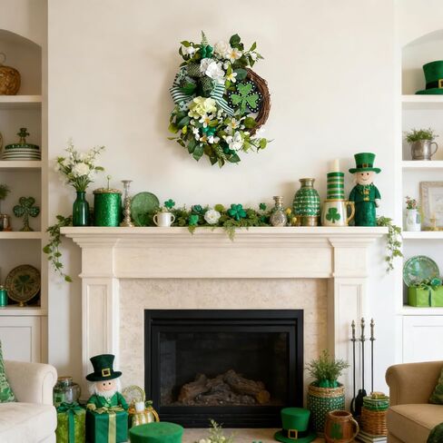 22 Inch St Patrick's Day Wreath for Front Door - Artificial Shamrock Wreath with Wooden Clovers, Green Foliage & Bow, Irish St Patricks Day for Indoor Outdoor Decorations Wall Home Decor in Kuwait