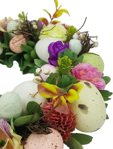 DearSun 11.2" Dia إكليل الربيع الأنيق مع الزهور والبيض والأوراق الخضراء والخيوط، معلق على المنزل الداخلي والخارجي وديكور الحائط للباب الأمامي إكليل عيد الفصح لديكور الحفلات in Kuwait