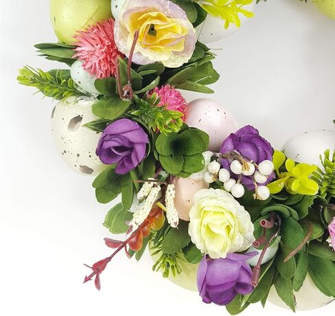 DearSun 11.2" Dia إكليل الربيع الأنيق مع الزهور والبيض والأوراق الخضراء والخيوط، معلق على المنزل الداخلي والخارجي وديكور الحائط للباب الأمامي إكليل عيد الفصح لديكور الحفلات in Kuwait