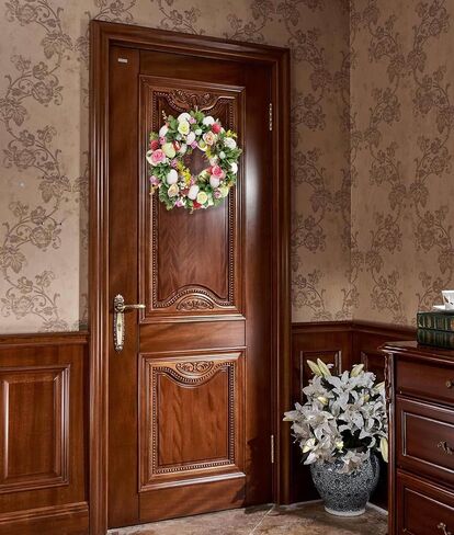 DearSun 11.2" Dia إكليل الربيع الأنيق مع الزهور والبيض والأوراق الخضراء والخيوط، معلق على المنزل الداخلي والخارجي وديكور الحائط للباب الأمامي إكليل عيد الفصح لديكور الحفلات in Kuwait