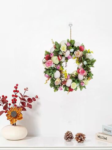 DearSun 11.2" Dia إكليل الربيع الأنيق مع الزهور والبيض والأوراق الخضراء والخيوط، معلق على المنزل الداخلي والخارجي وديكور الحائط للباب الأمامي إكليل عيد الفصح لديكور الحفلات in Kuwait