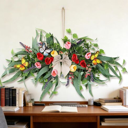 27''Spring Wreath for Front Door Tulip Teardrop Swag Summer Wreaths with Purple Tassels, Eucalyptus Leaves, Ferns, Butterflies for Indoor Outdoor Wall Festival Home Farmhouse Wedding Decor in Saudi Arabia