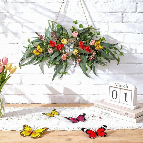 27''Spring Wreath for Front Door Tulip Teardrop Swag Summer Wreaths with Purple Tassels, Eucalyptus Leaves, Ferns, Butterflies for Indoor Outdoor Wall Festival Home Farmhouse Wedding Decor in Saudi Arabia