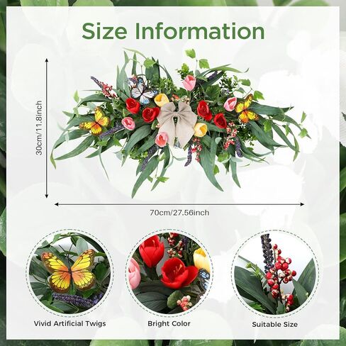 27''Spring Wreath for Front Door Tulip Teardrop Swag Summer Wreaths with Purple Tassels, Eucalyptus Leaves, Ferns, Butterflies for Indoor Outdoor Wall Festival Home Farmhouse Wedding Decor in Saudi Arabia