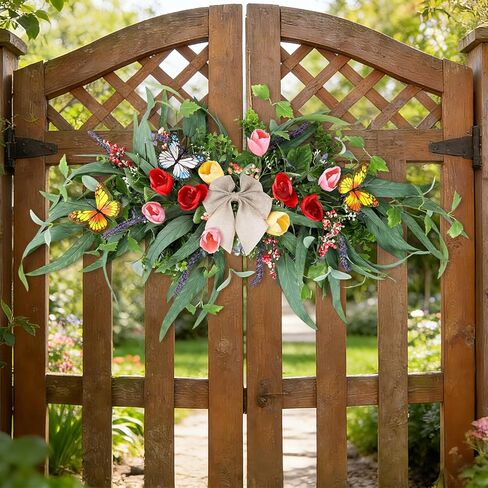 27''Spring Wreath for Front Door Tulip Teardrop Swag Summer Wreaths with Purple Tassels, Eucalyptus Leaves, Ferns, Butterflies for Indoor Outdoor Wall Festival Home Farmhouse Wedding Decor in Saudi Arabia
