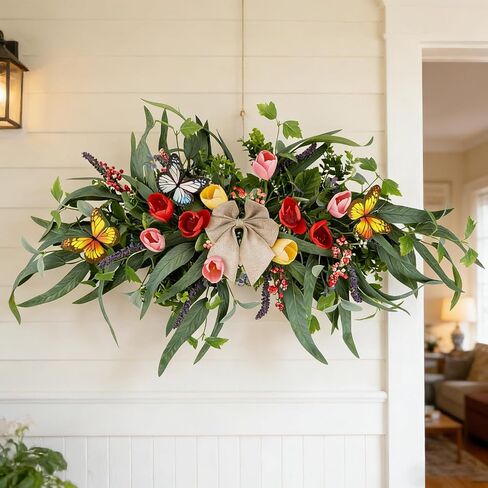 27''Spring Wreath for Front Door Tulip Teardrop Swag Summer Wreaths with Purple Tassels, Eucalyptus Leaves, Ferns, Butterflies for Indoor Outdoor Wall Festival Home Farmhouse Wedding Decor in Saudi Arabia