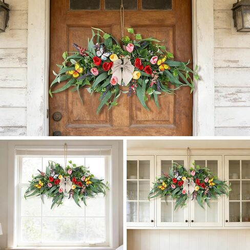 27''Spring Wreath for Front Door Tulip Teardrop Swag Summer Wreaths with Purple Tassels, Eucalyptus Leaves, Ferns, Butterflies for Indoor Outdoor Wall Festival Home Farmhouse Wedding Decor in Saudi Arabia