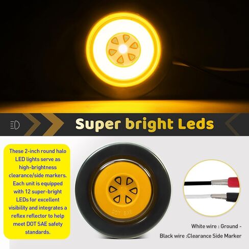 10Pcs 2" inch Round Halo 12 LEDs Trailer Boat Halo Clearance Side Marker Running Turn Lights w/Rubber Grommet Sealed Waterproof IP67 for Truck/RV/Van, DC 12V (Clear Lens_Red Light) in Saudi Arabia