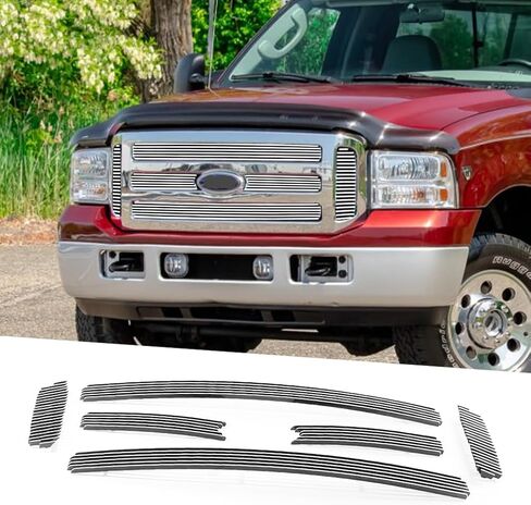 Chrome Front Grill Insert fits 2005 2006 2007 Ford F250 F350 Super Duty For 2005 2006 2007 Ford Excursion Main Upper Billet Grille Grill 6pcs Bolt-on Grille Combo Polished Silver Surface Aluminum in Saudi Arabia