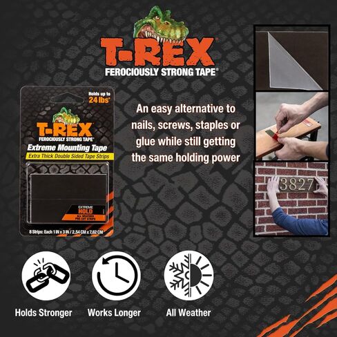 شرائط التثبيت T Rex Extreme مزدوجة الجوانب تحمل ما يصل إلى 24 رطلاً، 8 شرائط كل شريط 2.54 سم × 7.62 سم in Saudi Arabia
