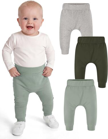 Yoofoss Baby Pants Organic Cotton Baby Boy Girl Sweatpants, 3 Pack Pull On Infant Toddler Jogger for 0-18 Months in Kuwait