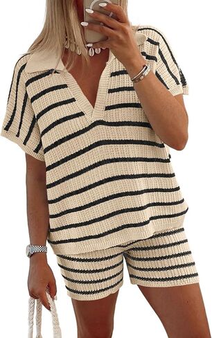 Tankaneo Womens 2 Piece Outfits Striped Knit Summer Sets V Neck Short Sleeve Tops and Shorts Lounge Matching Set in Saudi Arabia