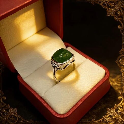 OIDIMS Vintage Green Jade Ring for Women Charm Faux Jade Statement Lucky Patterned Square Rings Elegant Adjustable Open Band Comfort Fit Finger Fashion Cocktail Party Jewelry for Her in Saudi Arabia