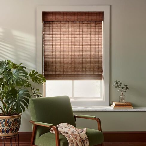 MOOD Bamboo Shades | Rustic | Cordless Bamboo Roman Shades for Windows and Doors (Natural Woven) | Rustic Walnut Express (Great Privacy) | 70" W x 64" H in Saudi Arabia