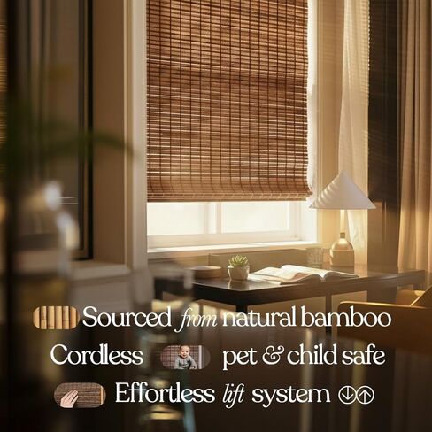 MOOD Bamboo Shades | Rustic | Cordless Bamboo Roman Shades for Windows and Doors (Natural Woven) | Rustic Walnut Express (Great Privacy) | 70" W x 64" H in Saudi Arabia
