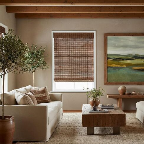 MOOD Bamboo Shades | Rustic | Cordless Bamboo Roman Shades for Windows and Doors (Natural Woven) | Rustic Walnut Express (Great Privacy) | 70" W x 64" H in Saudi Arabia