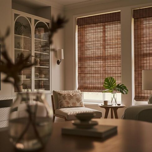 MOOD Bamboo Shades | Rustic | Cordless Bamboo Roman Shades for Windows and Doors (Natural Woven) | Rustic Walnut Express (Great Privacy) | 70" W x 64" H in Saudi Arabia
