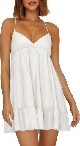 Wenrine Womens V Neck Backless Dresses Spaghetti Strap Tie Back Sleeveless Ruffle A-Line Summer Beach Boho Mini Dress in Saudi Arabia