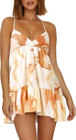 Wenrine Womens V Neck Backless Dresses Spaghetti Strap Tie Back Sleeveless Ruffle A-Line Summer Beach Boho Mini Dress in Saudi Arabia
