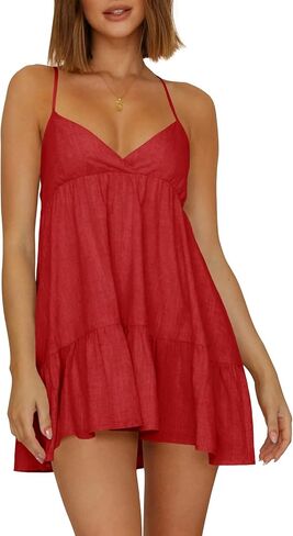 Wenrine Womens V Neck Backless Dresses Spaghetti Strap Tie Back Sleeveless Ruffle A-Line Summer Beach Boho Mini Dress in Saudi Arabia
