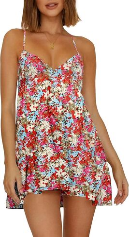 Wenrine Womens V Neck Backless Dresses Spaghetti Strap Tie Back Sleeveless Ruffle A-Line Summer Beach Boho Mini Dress in Saudi Arabia