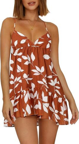 Wenrine Womens V Neck Backless Dresses Spaghetti Strap Tie Back Sleeveless Ruffle A-Line Summer Beach Boho Mini Dress in Saudi Arabia