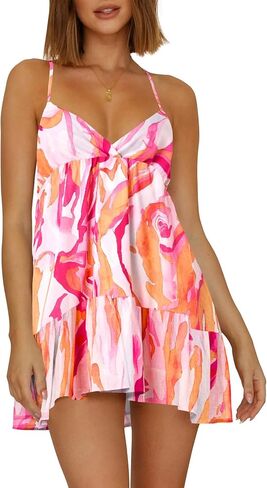 Wenrine Womens V Neck Backless Dresses Spaghetti Strap Tie Back Sleeveless Ruffle A-Line Summer Beach Boho Mini Dress in Saudi Arabia
