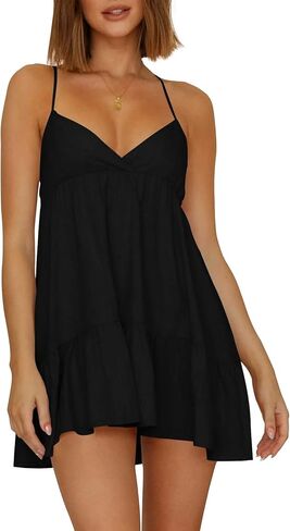 Wenrine Womens V Neck Backless Dresses Spaghetti Strap Tie Back Sleeveless Ruffle A-Line Summer Beach Boho Mini Dress in Saudi Arabia