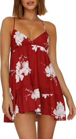 Wenrine Womens V Neck Backless Dresses Spaghetti Strap Tie Back Sleeveless Ruffle A-Line Summer Beach Boho Mini Dress in Saudi Arabia