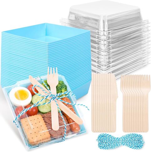 علب فحم صغيرة من ويلين 50 قطعة مع أغطية شفافة، صناديق حلوى صغيرة من كرافت مع شوك وسكاكين، حاويات طعام مربعة للاستعمال مرة واحدة مقاس 5 بوصات لشريحة كعكة الساندويتش والسوشي والفراولة in Kuwait