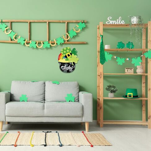 St. Patrick's Day Shamrock Wooden Door Hanging Sign - Lucky Irish Welcome Decor with Rope, Handmade Wood Wreath for Front Door Wall Home Decorations, St. Paddy's Party Housewarming Gift in Kuwait