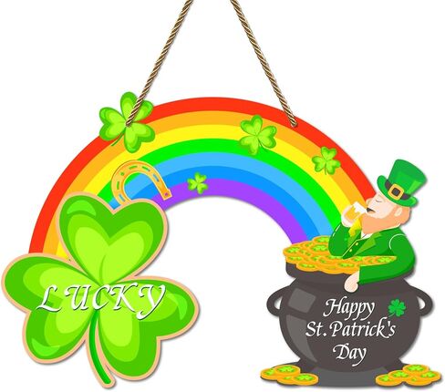 St Patricks Day Door Sign Happy St.Patrick's Day Decoration Sign Rainbow Shamrock Wreath Sign for Front Door Decor Pot of Gold Lucky Hanging Sign for Home Porch Saint Patrick's Day Party Favor in Saudi Arabia