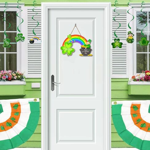 St Patricks Day Door Sign Happy St.Patrick's Day Decoration Sign Rainbow Shamrock Wreath Sign for Front Door Decor Pot of Gold Lucky Hanging Sign for Home Porch Saint Patrick's Day Party Favor in Saudi Arabia