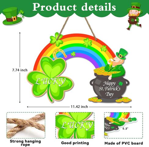 St Patricks Day Door Sign Happy St.Patrick's Day Decoration Sign Rainbow Shamrock Wreath Sign for Front Door Decor Pot of Gold Lucky Hanging Sign for Home Porch Saint Patrick's Day Party Favor in Saudi Arabia