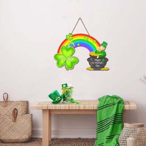 St Patricks Day Door Sign Happy St.Patrick's Day Decoration Sign Rainbow Shamrock Wreath Sign for Front Door Decor Pot of Gold Lucky Hanging Sign for Home Porch Saint Patrick's Day Party Favor in Saudi Arabia