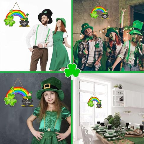 St Patricks Day Door Sign Happy St.Patrick's Day Decoration Sign Rainbow Shamrock Wreath Sign for Front Door Decor Pot of Gold Lucky Hanging Sign for Home Porch Saint Patrick's Day Party Favor in Saudi Arabia