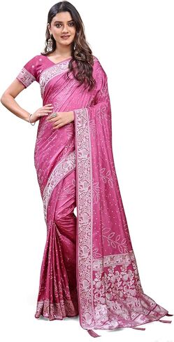 Women's Banarasi Silk Saree for Women with Unstitched Blouse Piece Rose Pink in Saudi Arabia