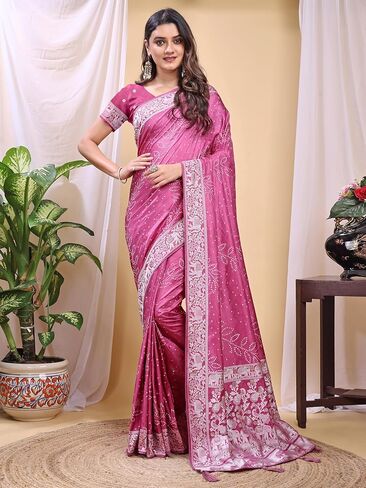 Women's Banarasi Silk Saree for Women with Unstitched Blouse Piece Rose Pink in Saudi Arabia