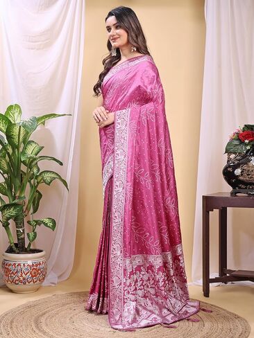 Women's Banarasi Silk Saree for Women with Unstitched Blouse Piece Rose Pink in Saudi Arabia