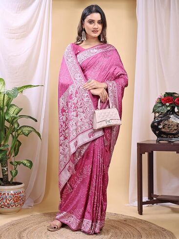 Women's Banarasi Silk Saree for Women with Unstitched Blouse Piece Rose Pink in Saudi Arabia