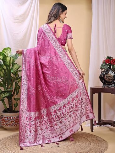 Women's Banarasi Silk Saree for Women with Unstitched Blouse Piece Rose Pink in Saudi Arabia