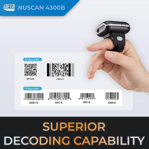 Adesso NuScan 4300B 2D Bluetooth Wireless Ring Finger Barcode Scanner Lightweight Durable with Drop Protection and Fast Scanning in Saudi Arabia
