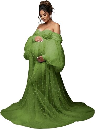 Pearl Tulle Maternity Dresses for Photoshoot 2026 Long Puffy Sleeves Off Shoulder Baby Shower Dress Pregnancy Gowns LU225 in Saudi Arabia